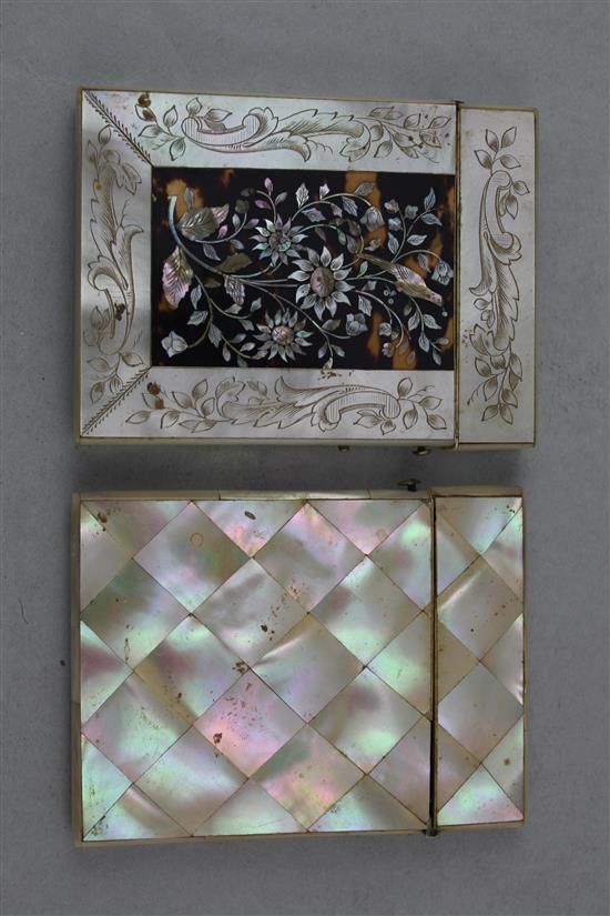 A Victorian engraved mother of pearl card case & another